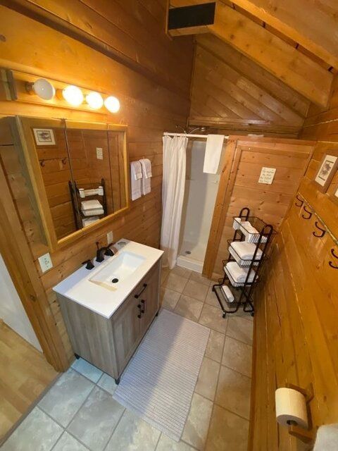 Rustic cabin bathroom with wood paneling, vanity, shower, and towel rack.