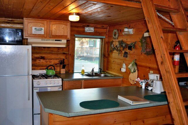Rustic cabin kitchen with a refrigerator, stove, island, and window.