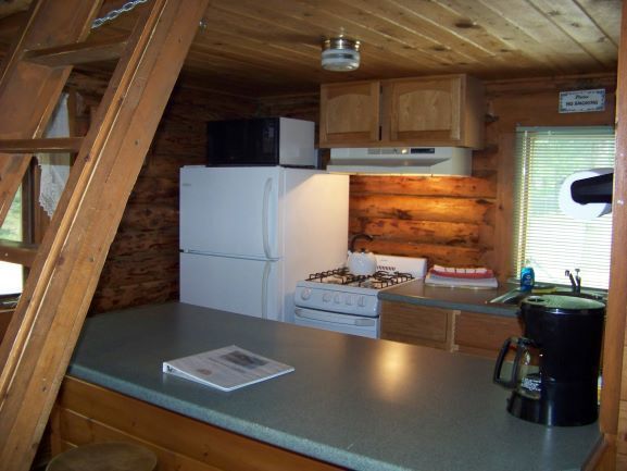 Small cabin kitchen with countertop, fridge, stove, and microwave.