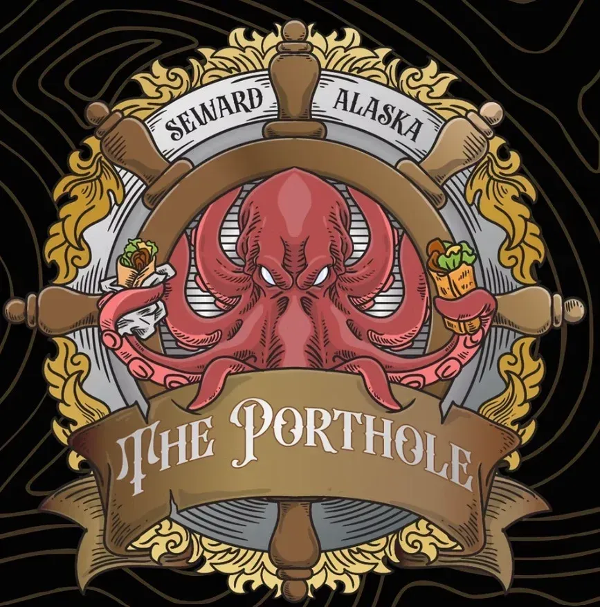 The Porthole, Seward Alaska, logo. Angry octopus with tacos on a ship's wheel, surrounded by nautical design.