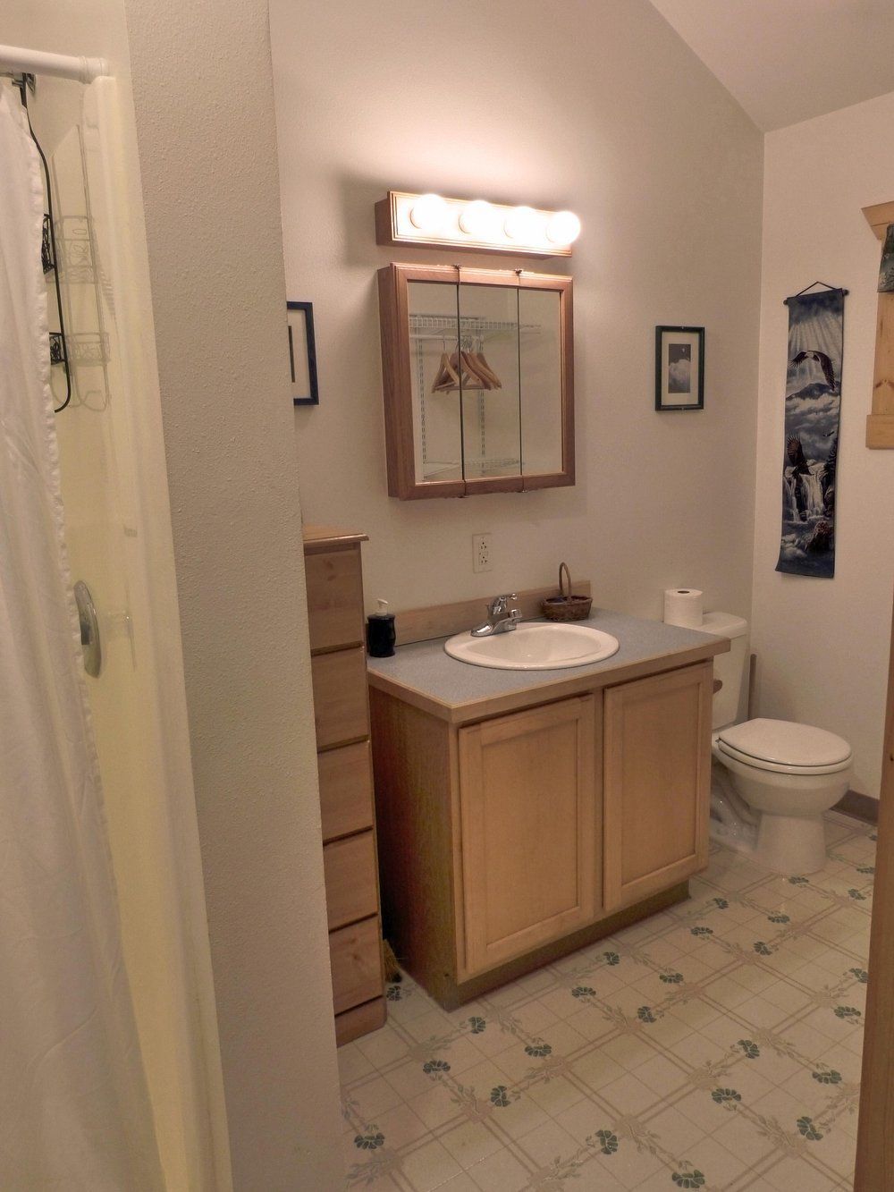 Bathroom with a vanity, toilet, and shower. Light wood cabinets, pale blue patterned floor.