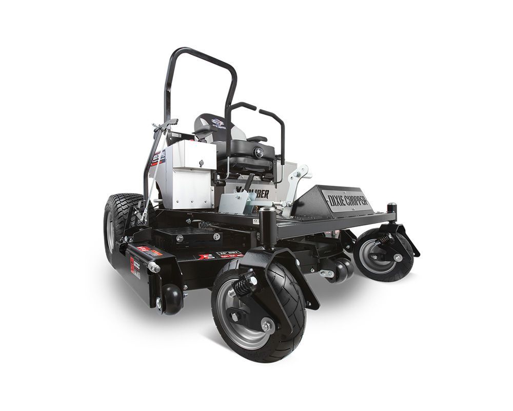 Zero-turn lawn mower, black and silver, on white background.