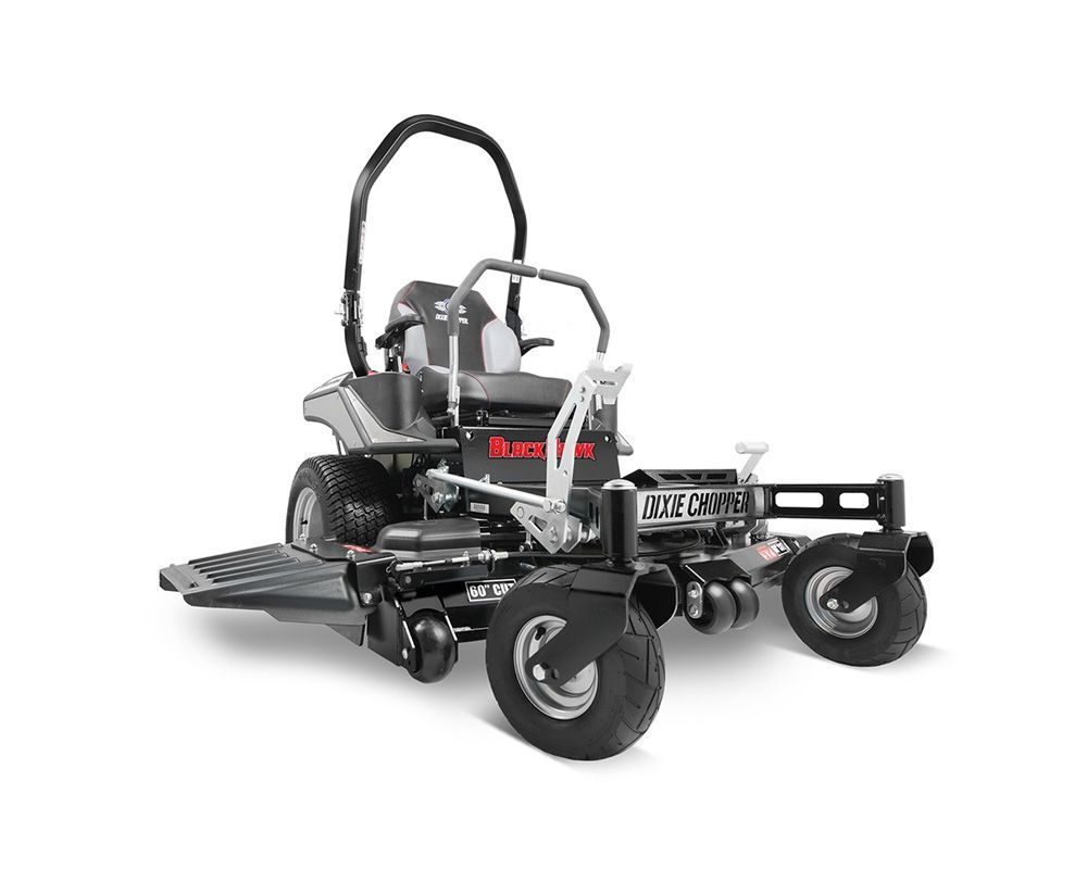 Black and gray zero-turn riding lawn mower on a white background.