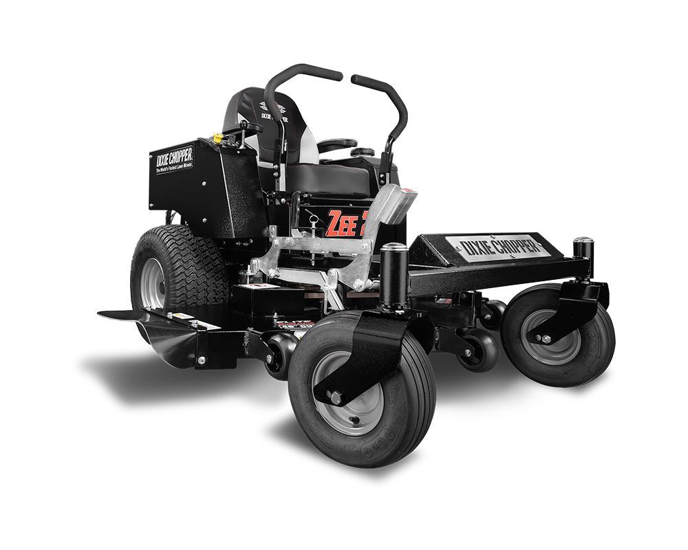 Black zero-turn lawnmower on a white background.