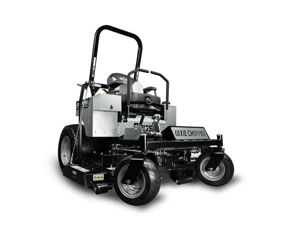 A riding lawnmower on a white background, viewed from the rear. It is black and silver.