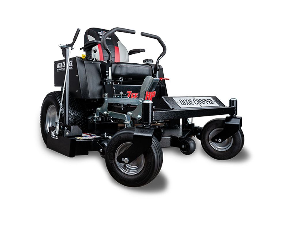 Black and gray zero-turn riding lawnmower.