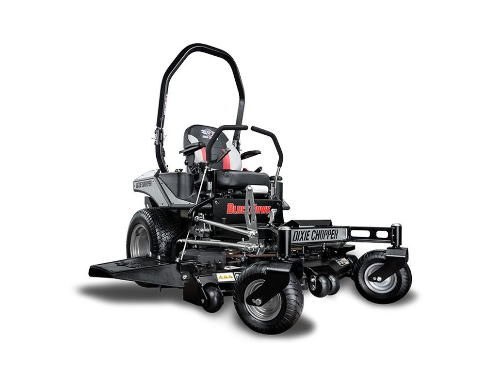 Black and gray zero-turn riding lawn mower on a white background.