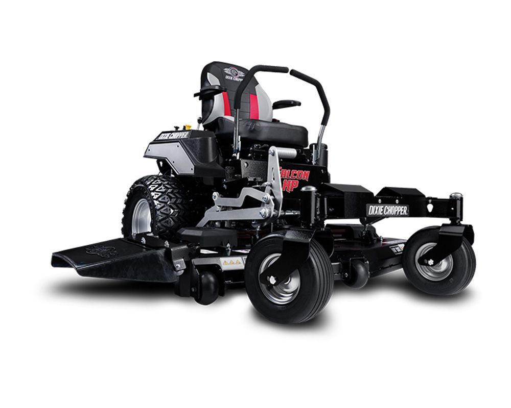 Black and silver zero-turn lawnmower with a red seat, on a white background.