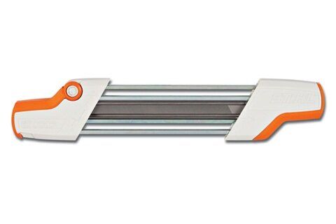 White and orange chainsaw file guide tool.
