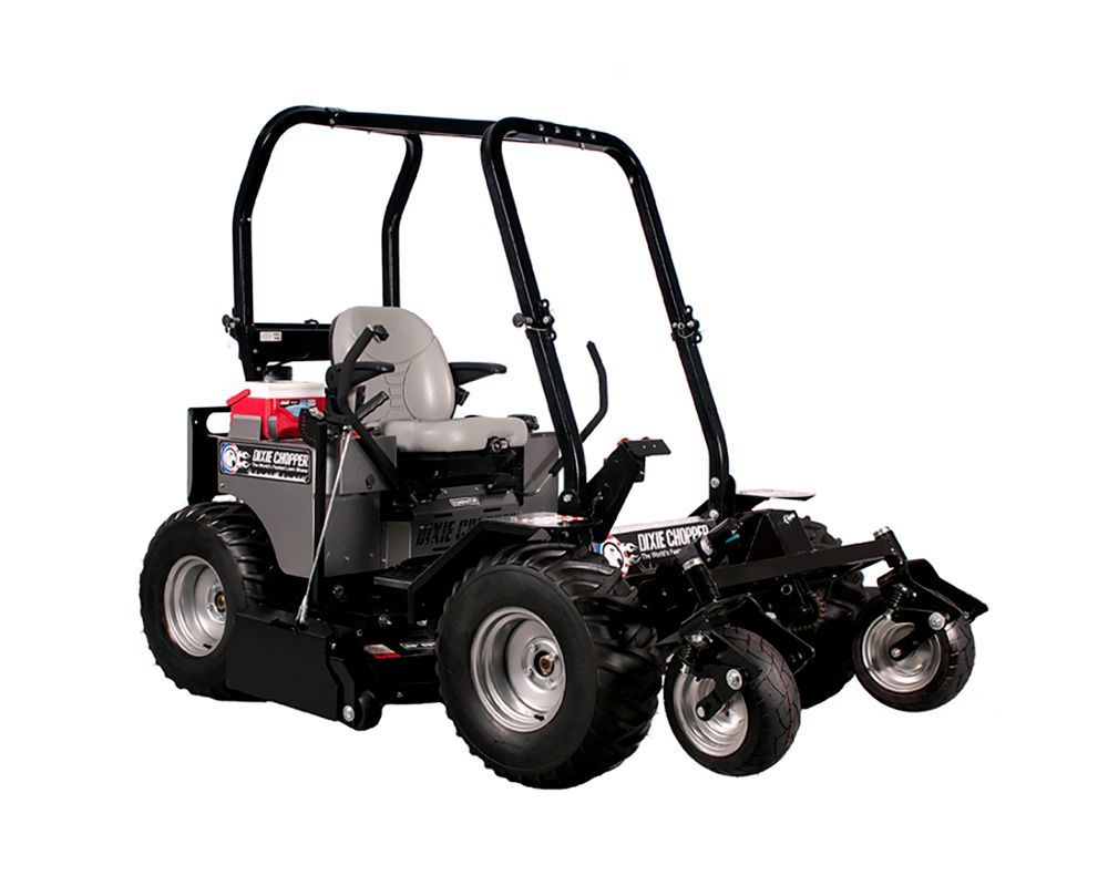 Gray and black commercial lawn mower with roll bar.