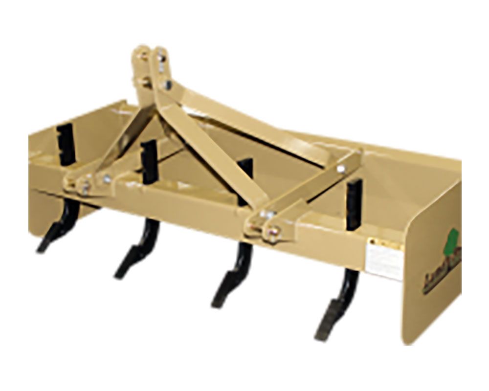 Tan box blade tractor attachment with angled blades.