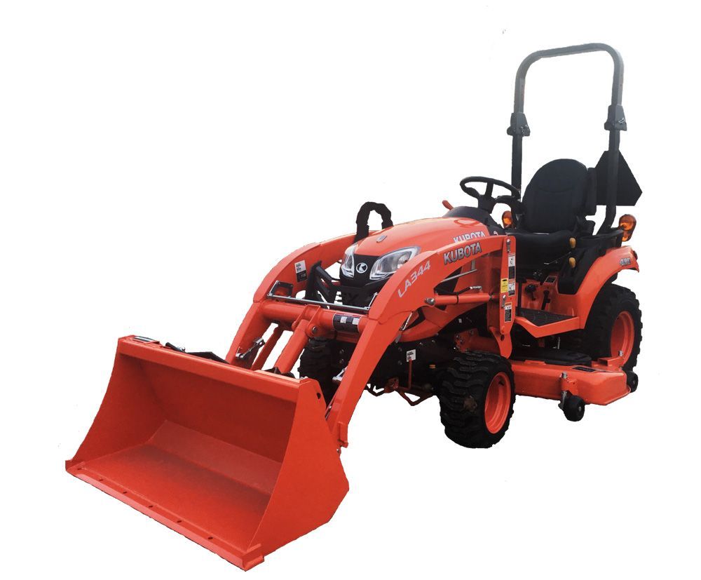 Orange tractor with a front loader and mower deck.
