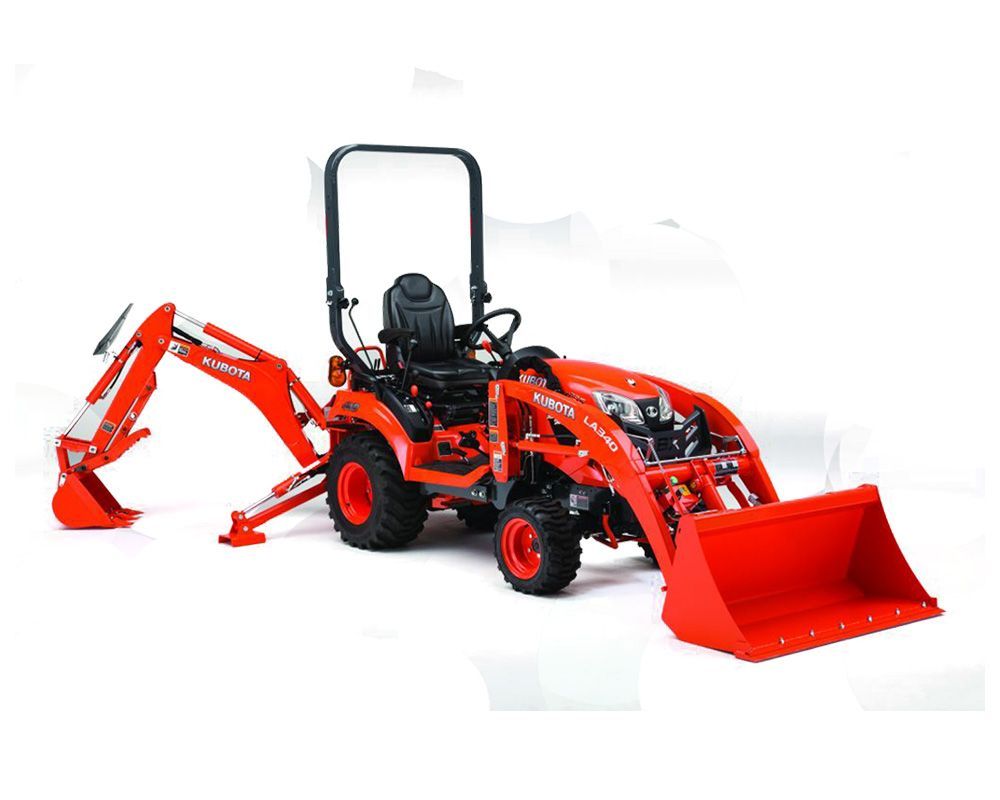 Red Kubota tractor with a front bucket and rear backhoe on a white background.