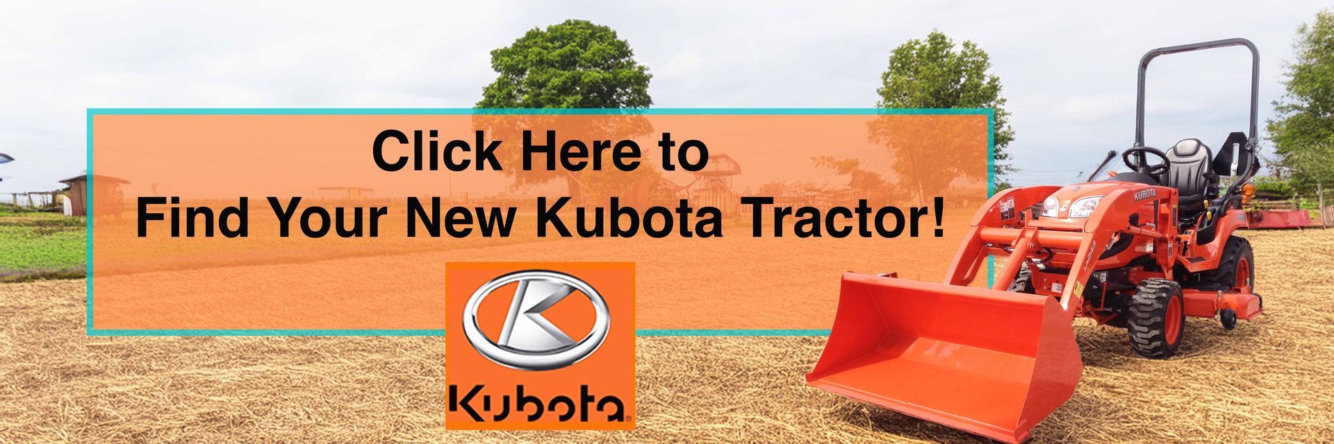 An orange Kubota tractor in a field, with text that reads