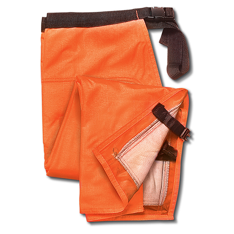Orange and brown tarp rolled up, with black buckles and straps.