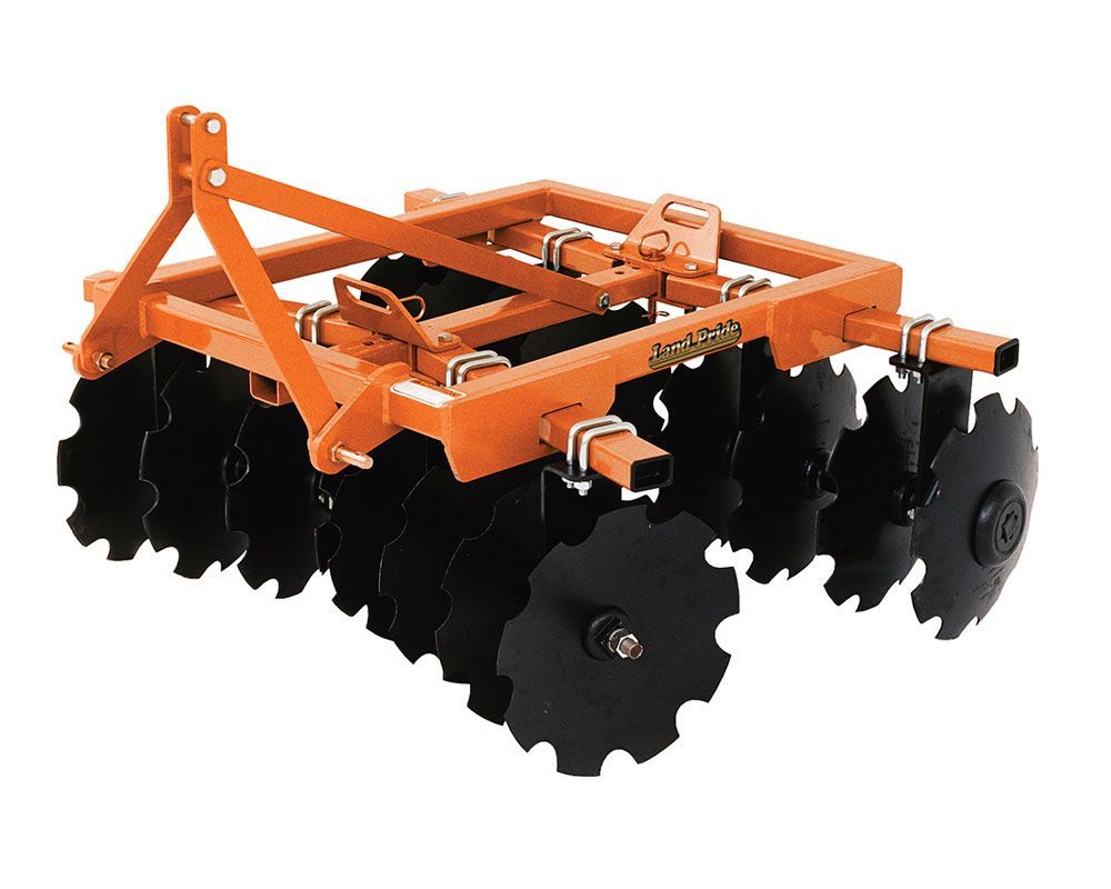 Orange and black disc harrow agricultural machine for soil preparation.