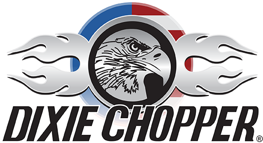 Dixie Chopper logo with eagle head, flames, and American flag colors.