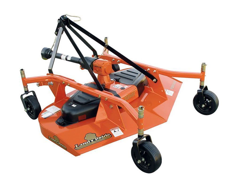 Orange pull-behind rotary mower with four wheels and a black hitch.