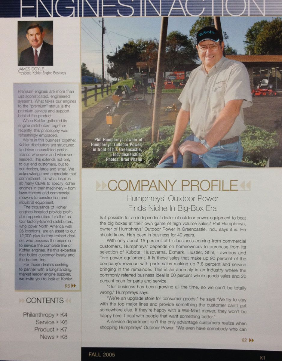 Magazine page: man in field with landscaping equipment; inset photo of man in suit.