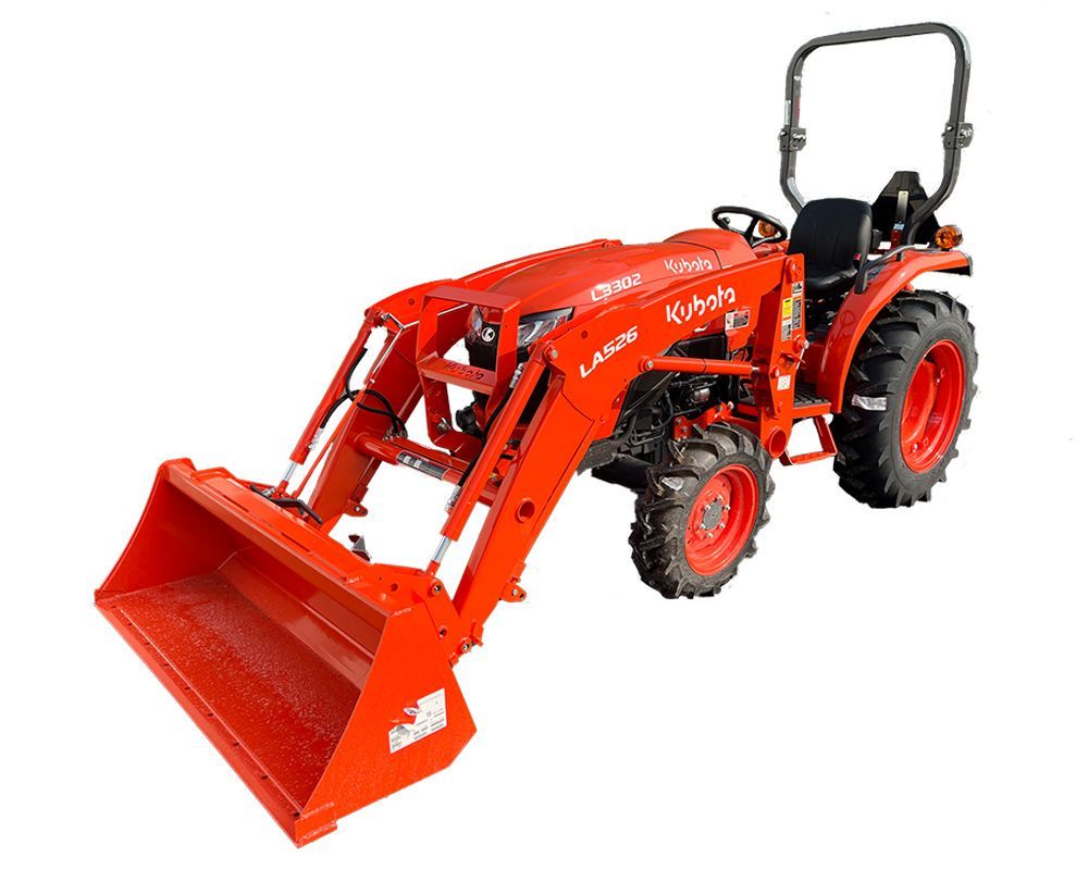 Red Kubota tractor with front loader on a white background.