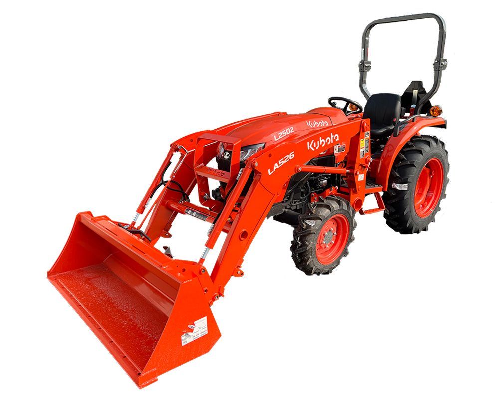 Red Kubota tractor with a front loader, on a white background.