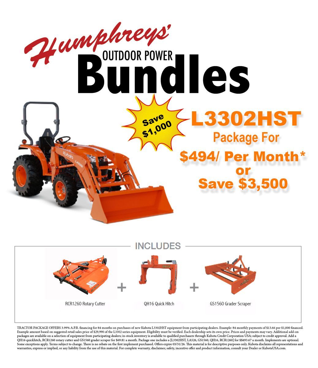 Humphreys Outdoor Power Bundles ad. Orange tractor, save $1,000. Includes mower, hitch, and box blade.