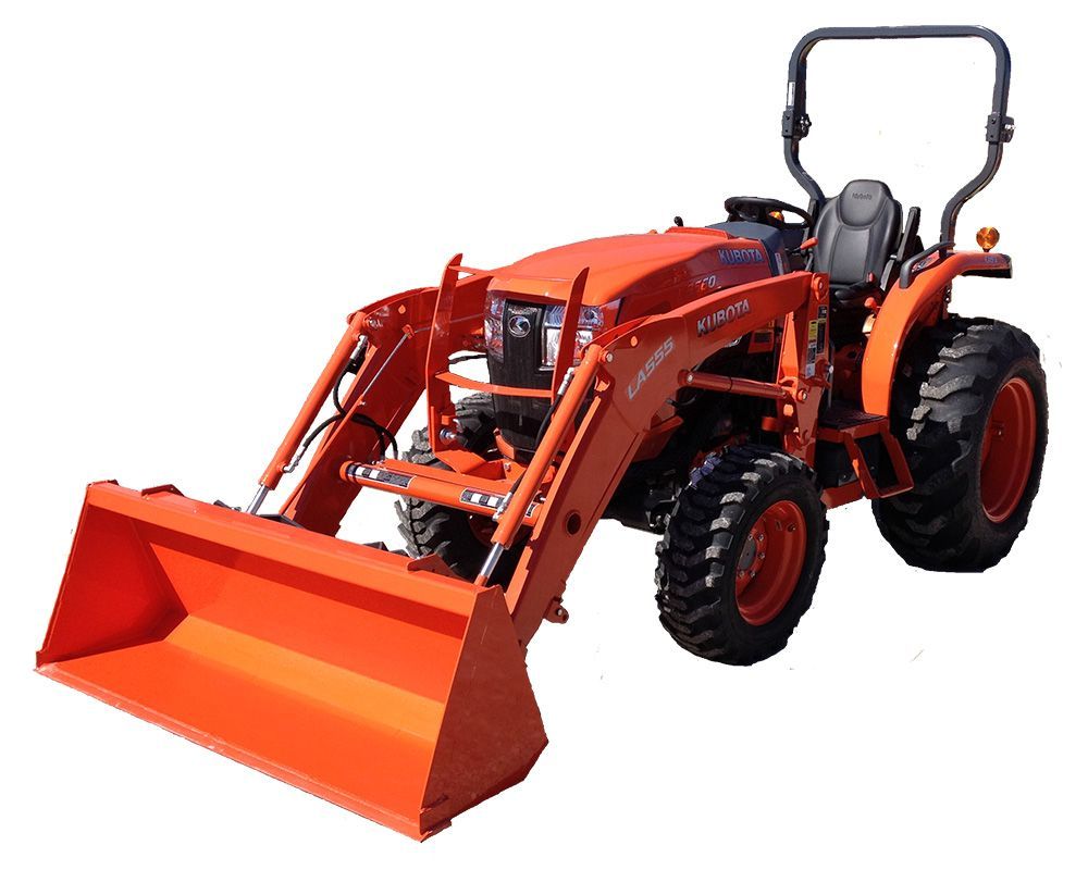 Orange Kubota tractor with a front loader, on a white background.