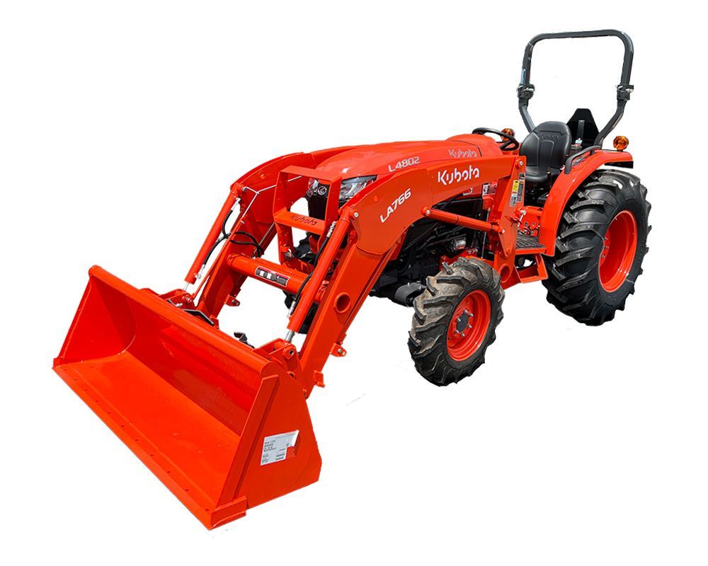 Orange Kubota tractor with a front loader, on a white background.