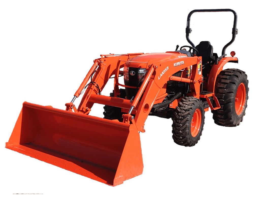 Orange Kubota tractor with a front-end loader on a white background.