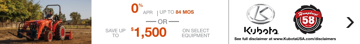 Orange Kubota tractor on a field, Kubota logo, and details on a promotion.