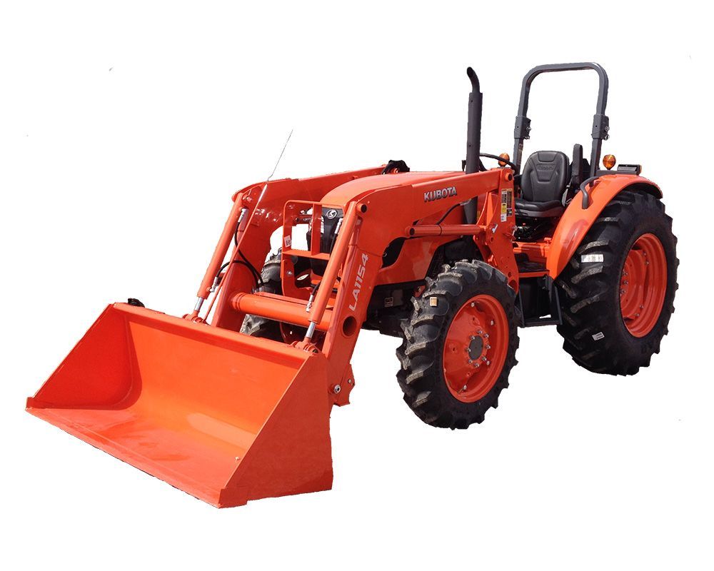 Orange Kubota tractor with front loader.