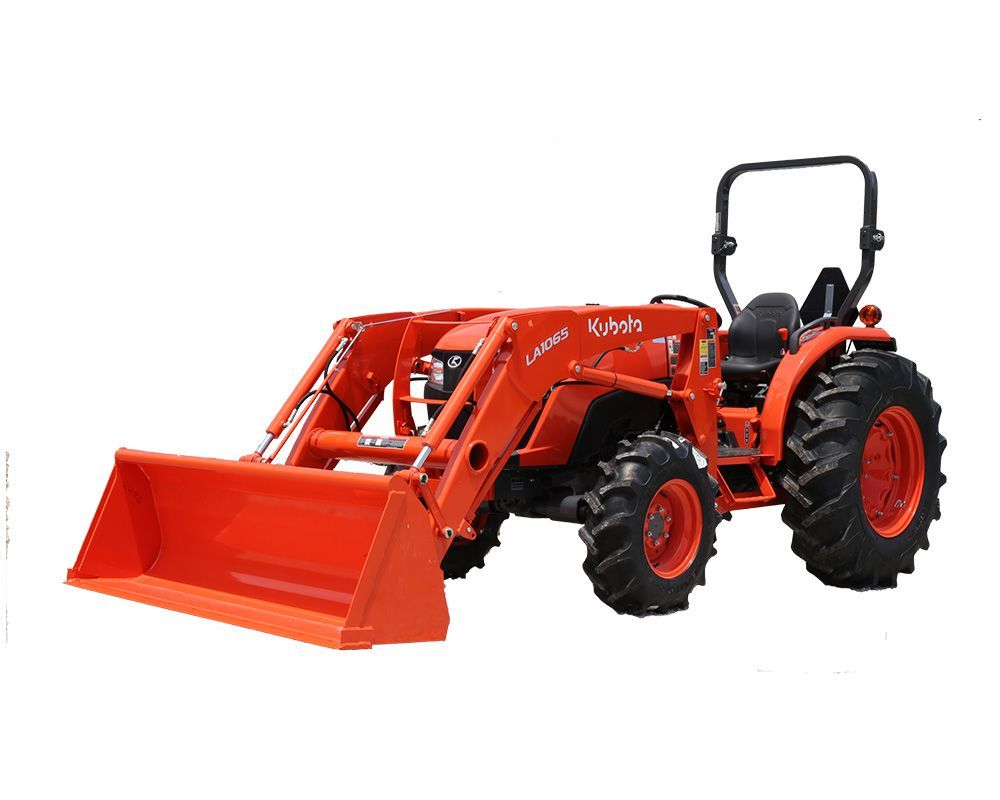 Orange tractor with front loader on white background.