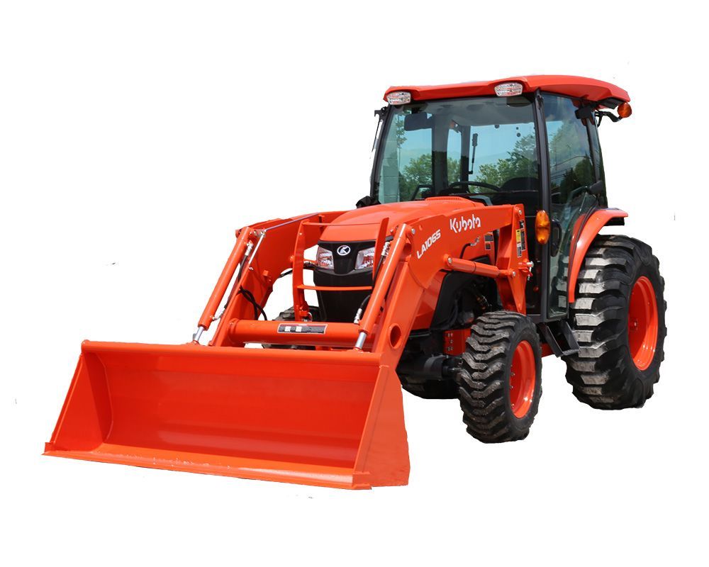 Orange tractor with a front loader and mower deck.