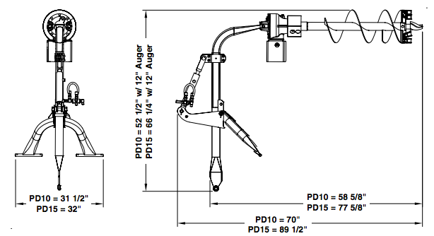 Diagram of an auger machine, showing side and front views with dimensions labeled for two models, PD10 and PD15.