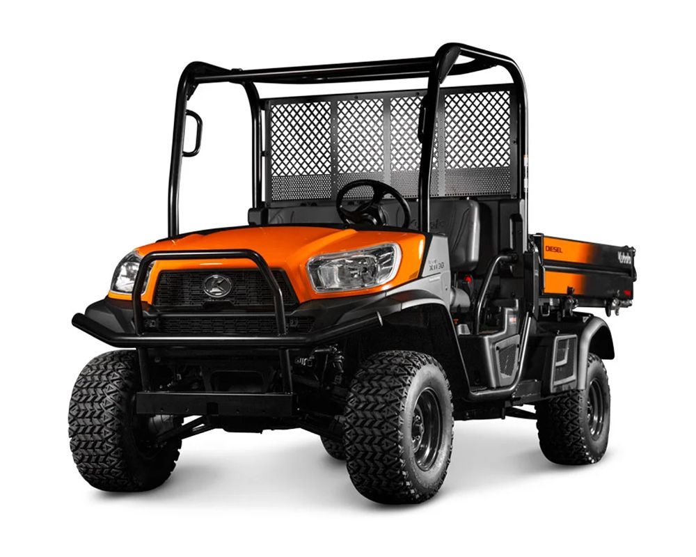 Orange and black utility vehicle with a cargo bed, parked outdoors.