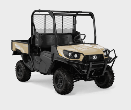 Tan and black Kubota utility vehicle with a black roll cage.
