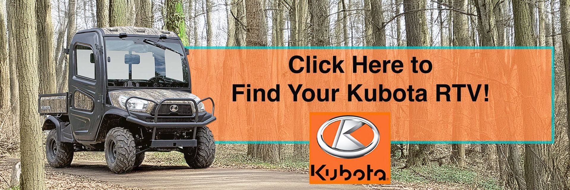 A Kubota RTV parked on a path in a wooded area. Orange text urges viewers to