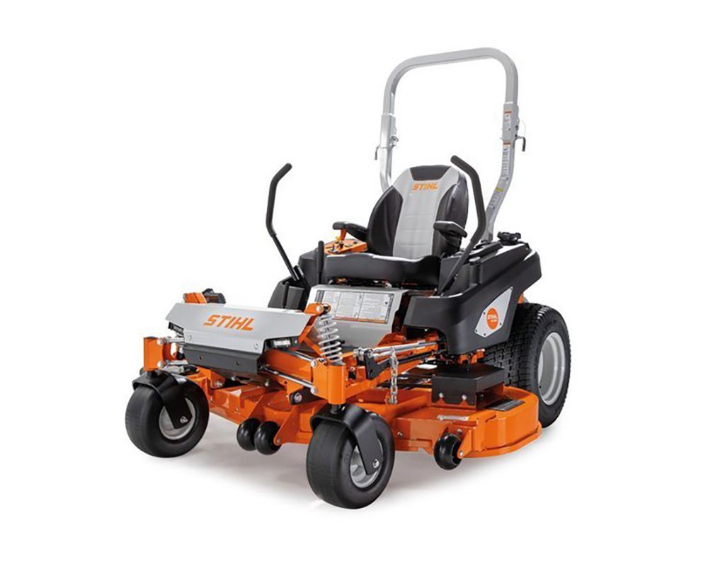 Orange and black STIHL zero-turn lawn mower on a white background.