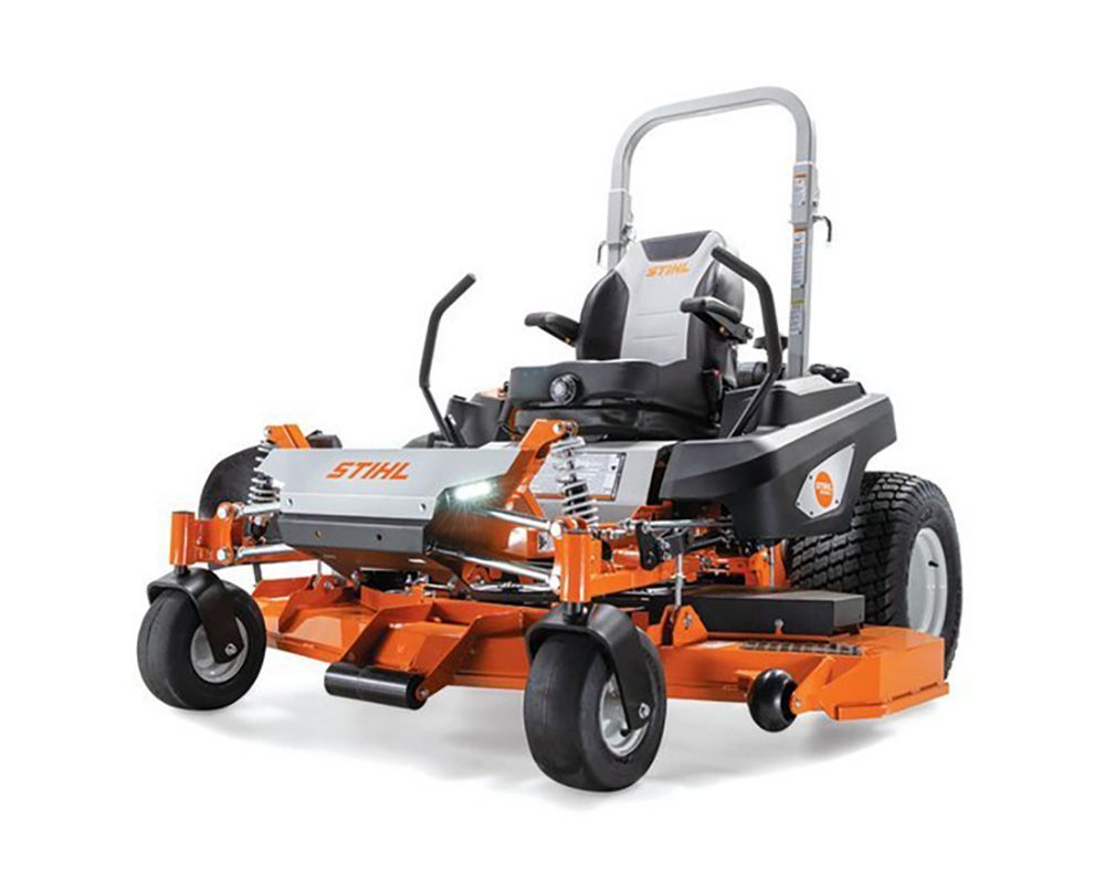 Orange and black zero-turn lawn mower on a white background.