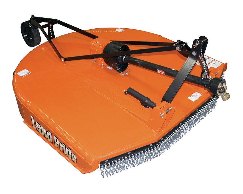 Orange tractor-mounted brush hog with black accents and chain guard.
