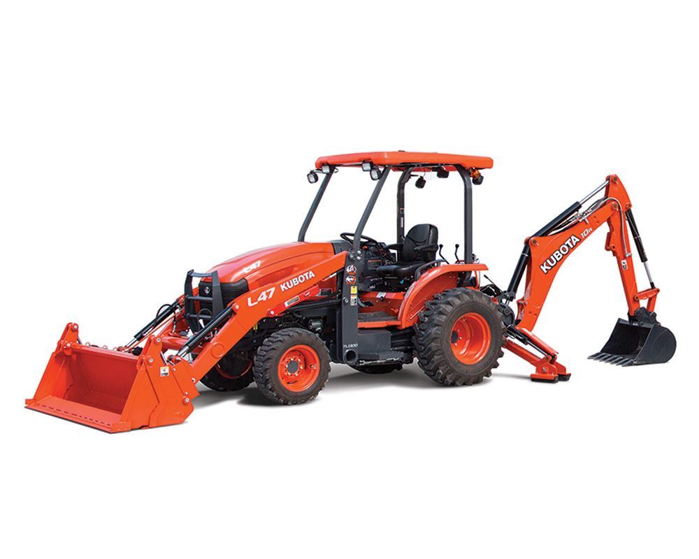 Orange Kubota tractor with front loader and backhoe attachment on white background.