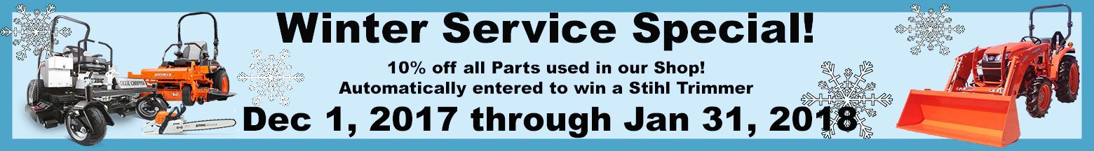 Winter service special on snow removal equipment: Dec 1, 2017 through Jan 31, 2018.