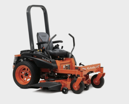 Orange and black Kubota zero-turn riding lawn mower on a white background.