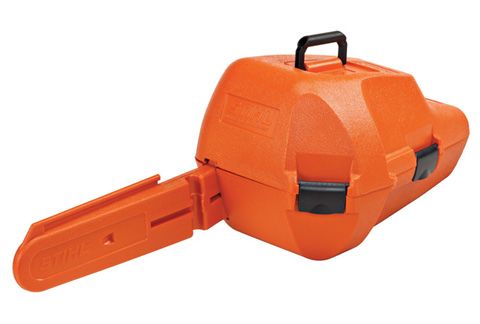Orange chainsaw case with a handle and black latches.