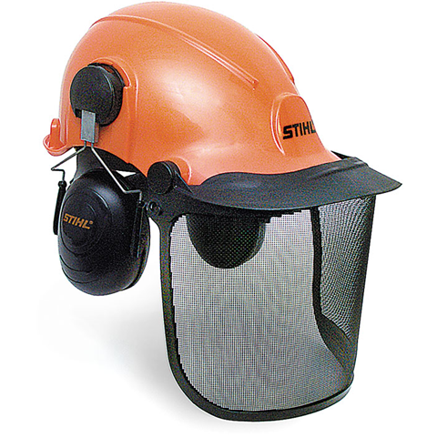 Orange STIHL forestry safety helmet with mesh visor and ear protectors.