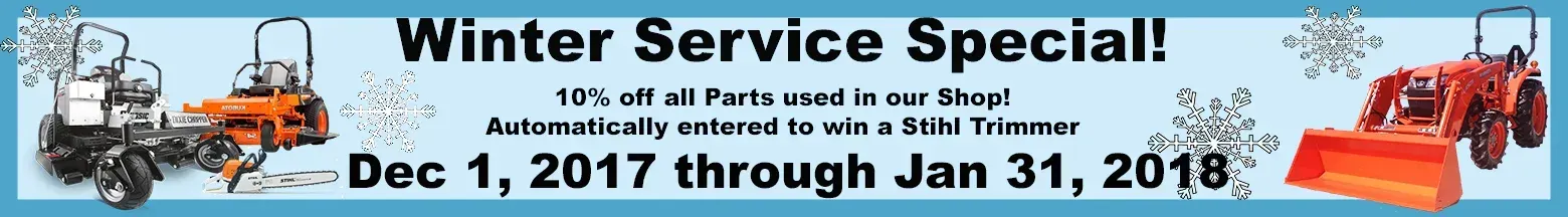 Winter Service Special: Snow removal equipment with text Dec 1, 2017 through Jan 31, 2018.