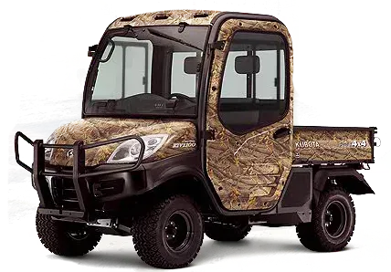 Camouflaged utility vehicle with a cab and cargo bed, on a white background.