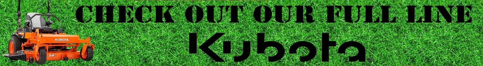 Orange Kubota lawnmower on green grass with text