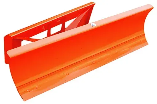Orange snowplow blade attached to a frame, angled upward, ready for use.