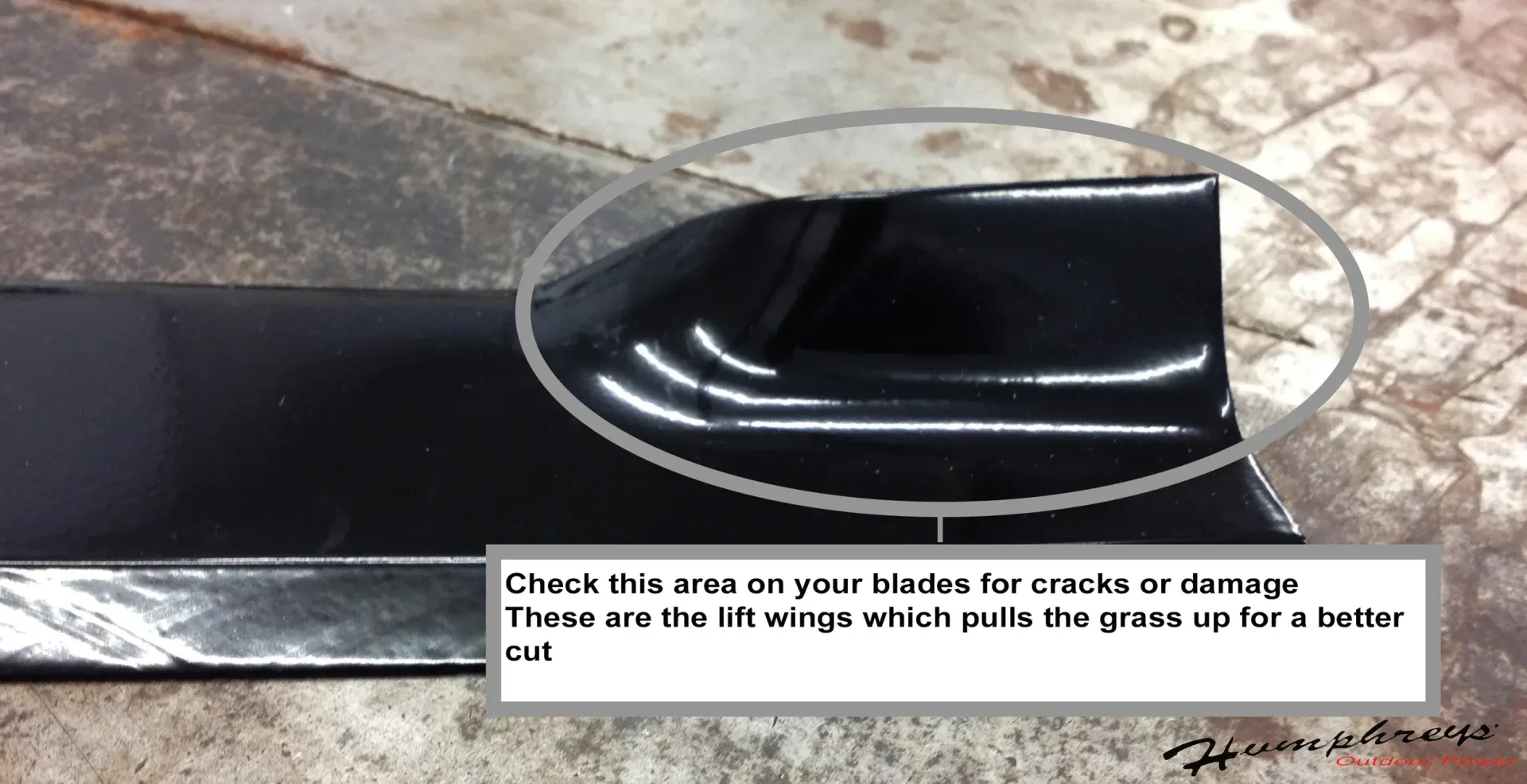 Black metal blade with curved edge, showing ridges that lift grass for a clean cut.